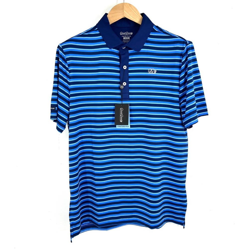 Good Good Golf Prime Time Polo Mens Medium Blue Striped Structured Golf Shirt